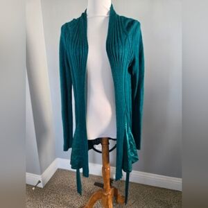 Anthropologie Knitted & Knotted Elegant Teal Open-Front Cardigan